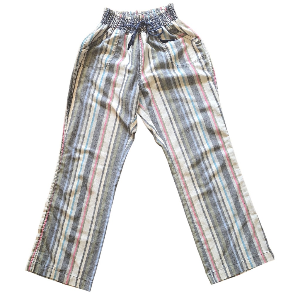 Striped Crop Pants Smocked Waist Casual Drawstring Lightweight‎ Sz L